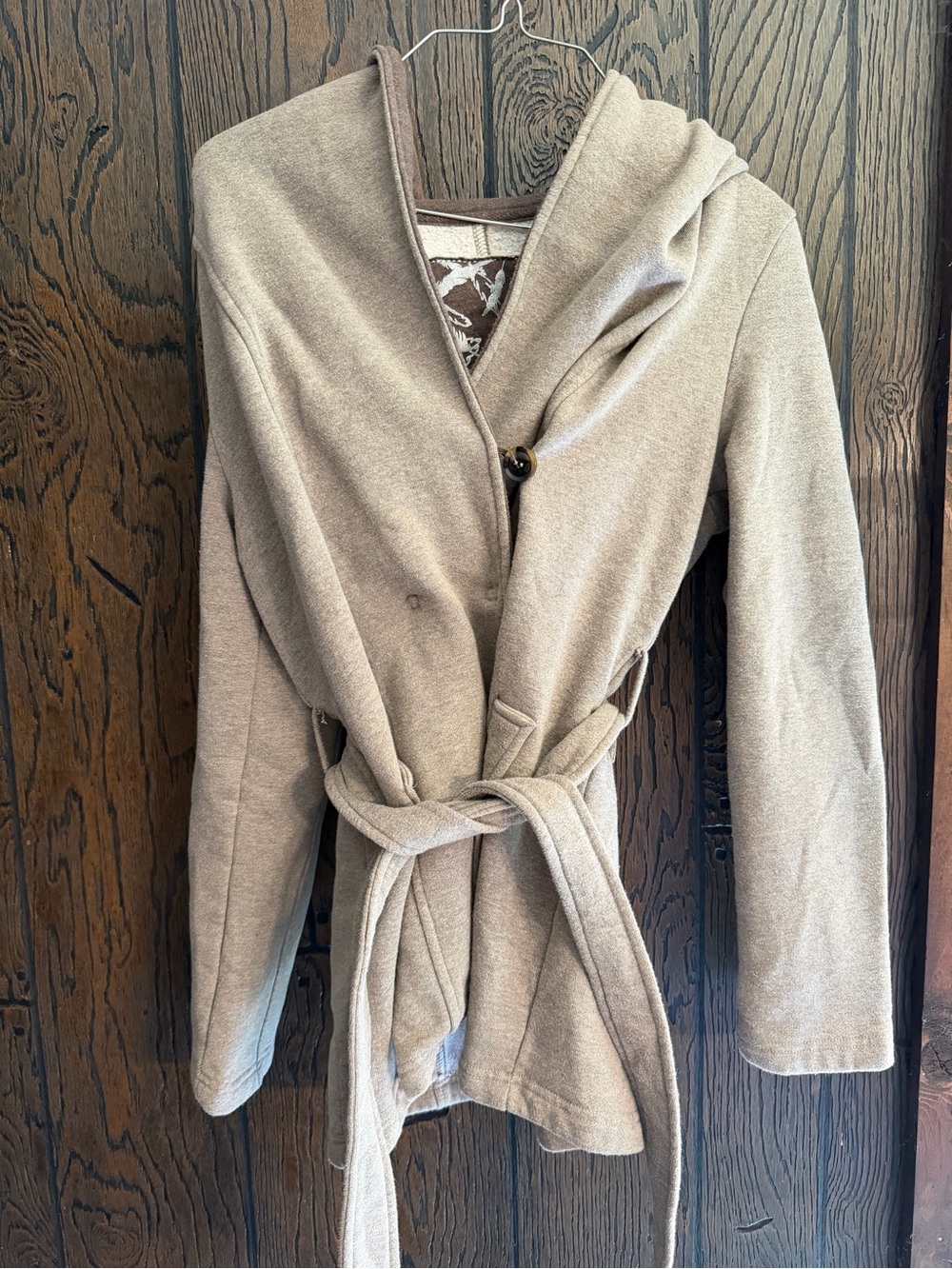 Sebby Taupe Hooded Wrap Cardigan with Belt